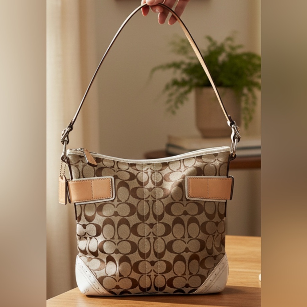 Coach Signature Brown and Cream Shoulder Bag, leather straps/corners, GUC
